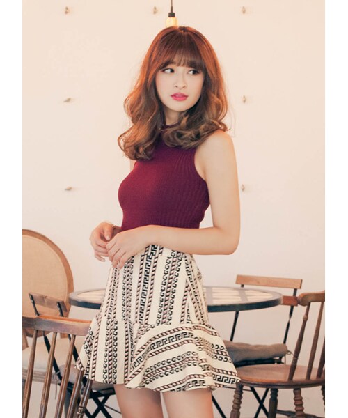 gracegift（グレースギフト）の「韓國浪漫情調幾何高腰傘裙（スカート・レディース・杏・S）」の3枚目の写真