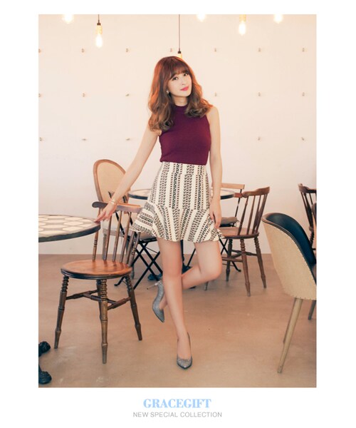 gracegift（グレースギフト）の「韓國浪漫情調幾何高腰傘裙（スカート・レディース・杏・S）」の5枚目の写真