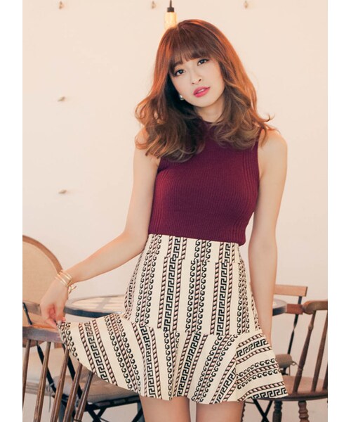 gracegift（グレースギフト）の「韓國浪漫情調幾何高腰傘裙（スカート・レディース・杏・S）」の4枚目の写真