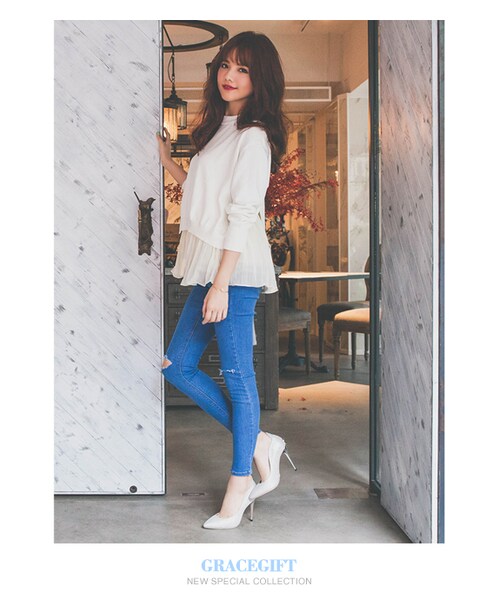 gracegift（グレースギフト）の「韓國完美激瘦小抓破窄管牛仔褲（パンツ・レディース・藍・S/M/L）」の5枚目の写真