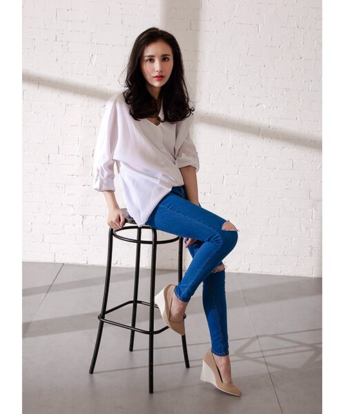 gracegift（グレースギフト）の「韓國完美激瘦小抓破窄管牛仔褲（パンツ・レディース・藍・S/M/L）」の10枚目の写真