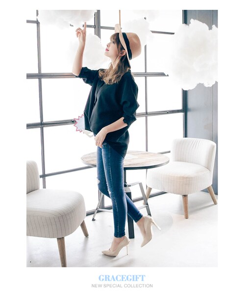 gracegift（グレースギフト）の「韓國法式名伶蝴蝶結緞帶紳士帽（帽子・レディース・酒紅/黑/駝・F）」の16枚目の写真