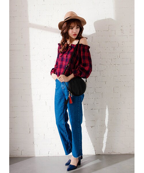 gracegift（グレースギフト）の「韓國極簡質感壓紋流蘇小圓包（バッグ・レディース・紅/黑・F）」の16枚目の写真