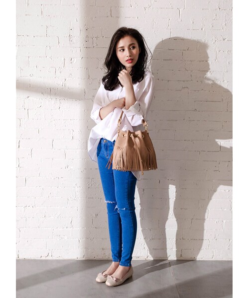 gracegift（グレースギフト）の「韓國流蘇皮革束口水桶包（バッグ・レディース・杏・F）」の5枚目の写真