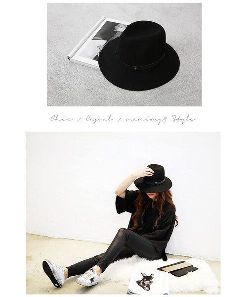 Aco Design(アコデザイン)の「中折れハット レディース 秋冬/中折れハット ウール つば広/ウールハット レディース/フェルトハット つば広(Tシャツ/カットソー・レディース・ブラック・フリーサイズ 頭囲:57.5 ツバ:7.8)」の2枚目の写真