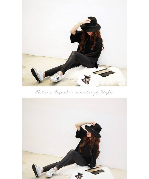 Aco Design（アコデザイン）の「ゆったり 無地 tシャツ レディース/tシャツ 7分袖/ゆるtシャツ（Tシャツ/カットソー・レディース・ブラック・肩幅：58　バスト：120　袖丈：30.5　袖周り：50　総丈(前/後)：62/64）」の2枚目の写真