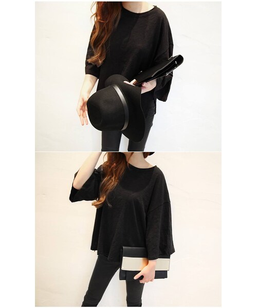 Aco Design（アコデザイン）の「ゆったり 無地 tシャツ レディース/tシャツ 7分袖/ゆるtシャツ（Tシャツ/カットソー・レディース・ブラック・肩幅：58　バスト：120　袖丈：30.5　袖周り：50　総丈(前/後)：62/64）」の4枚目の写真