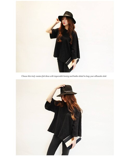 Aco Design（アコデザイン）の「ゆったり 無地 tシャツ レディース/tシャツ 7分袖/ゆるtシャツ（Tシャツ/カットソー・レディース・ブラック・肩幅：58　バスト：120　袖丈：30.5　袖周り：50　総丈(前/後)：62/64）」の8枚目の写真