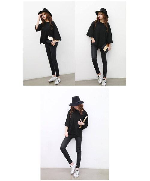 Aco Design（アコデザイン）の「ゆったり 無地 tシャツ レディース/tシャツ 7分袖/ゆるtシャツ（Tシャツ/カットソー・レディース・ブラック・肩幅：58　バスト：120　袖丈：30.5　袖周り：50　総丈(前/後)：62/64）」の10枚目の写真