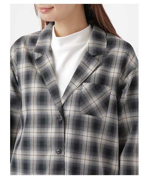 E hyphen world gallery ネルチェックシャツチュニック 黒 E hyphen world gallery（イーハイフンワールドギャラリー）の「・開襟