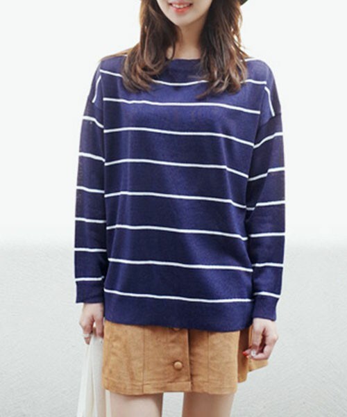 DHOLIC(ディーホリック)の「ボーイフレンド風ボーダーゆったりニット(ニット/セーター・レディース・ネイビー/ベージュ/ワイン・FREE)」の1枚目の写真