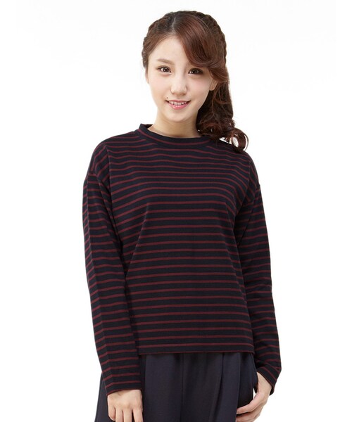 Honeys（ハニーズ）の「ハイネックプルオーバー（カットソー・Tシャツ・レディース・アイボリー×クロ/コン×アイボリー/コン×アカ/黒×杢チャコール/ベージュ×クロ・Ｓ/Ｍ/Ｌ/ＬＬ）」の5枚目の写真