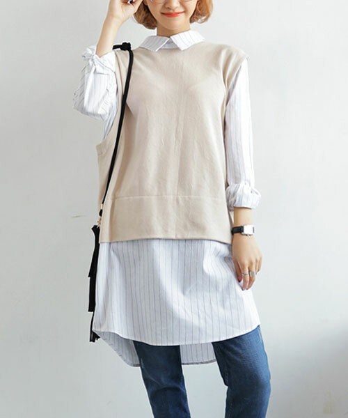 DHOLIC（ディーホリック）の「シャツ&ベストレイヤードデザイン風ロングシャツ（シャツ/ブラウス・レディース・グレー/ダークネイビー/ベージュ・FREE）」の2枚目の写真