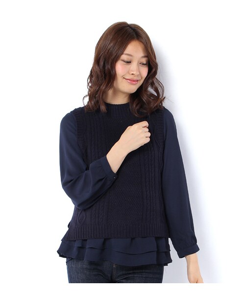 mysty woman(ミスティウーマン)の「シフォンティアードブラウス×ニットベストセット(トップス・レディース・トップグレー/チャコールグレー/ベージュ/ネイビー)」の4枚目の写真