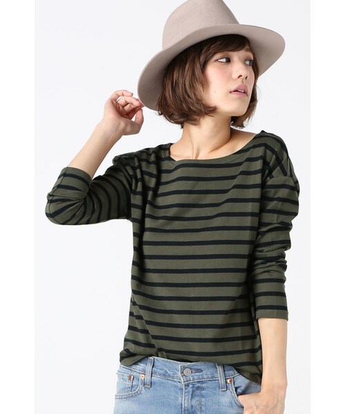 SLOBE IENA(スローブイエナ)の「UTILITY ボーダーボートネックプルオーバー(トップス・レディース・カーキ/ネイビー/ブルー A・フリー)」の1枚目の写真