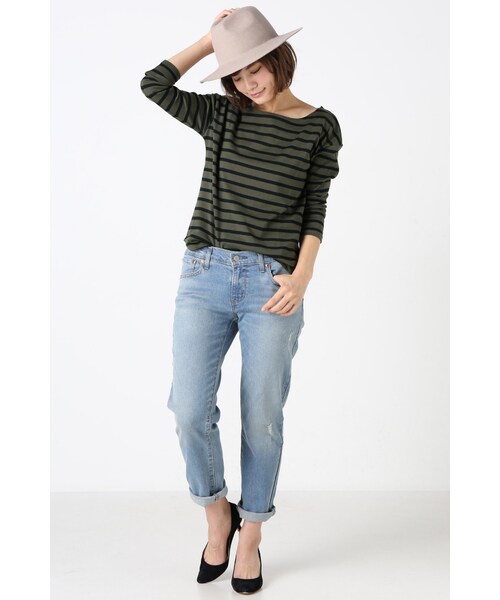 SLOBE IENA(スローブイエナ)の「UTILITY ボーダーボートネックプルオーバー(トップス・レディース・カーキ/ネイビー/ブルー A・フリー)」の4枚目の写真