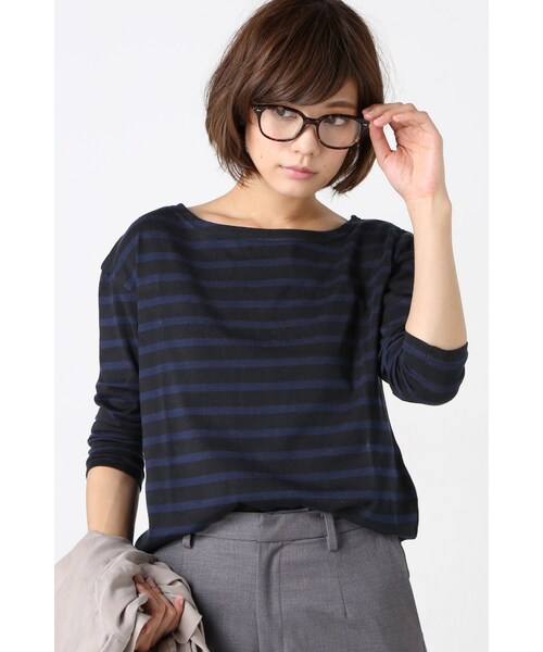 SLOBE IENA(スローブイエナ)の「UTILITY ボーダーボートネックプルオーバー(トップス・レディース・カーキ/ネイビー/ブルー A・フリー)」の2枚目の写真
