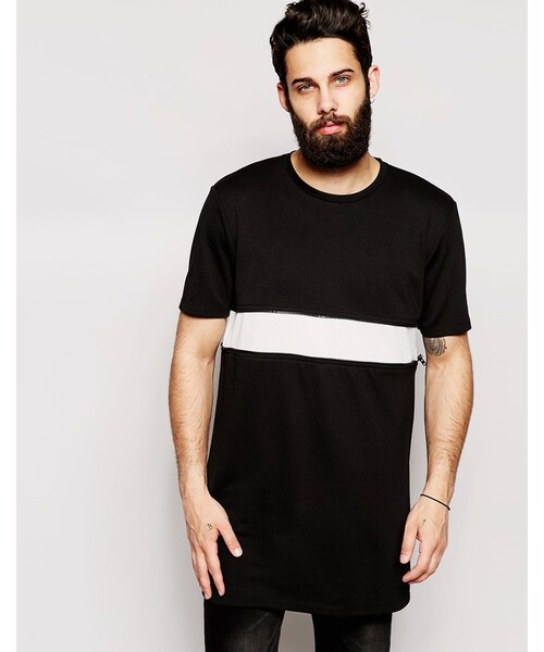 asos(エイソス)の「ASOS BRAND ASOS Longline T-Shirt With Woven Insert And Zip Extender(Tシャツ/カットソー・メンズ・Black・L-Chest 40-42"/M-Chest 38-40"/S-Chest 36-38"/XL-Chest 42-44"/XS-Chest 34-36"/XXL-Chest 44-46"/XXS-Chest 32-34"/XXXS-US Chest 30-32in (76-81cm))」の1枚目の写真