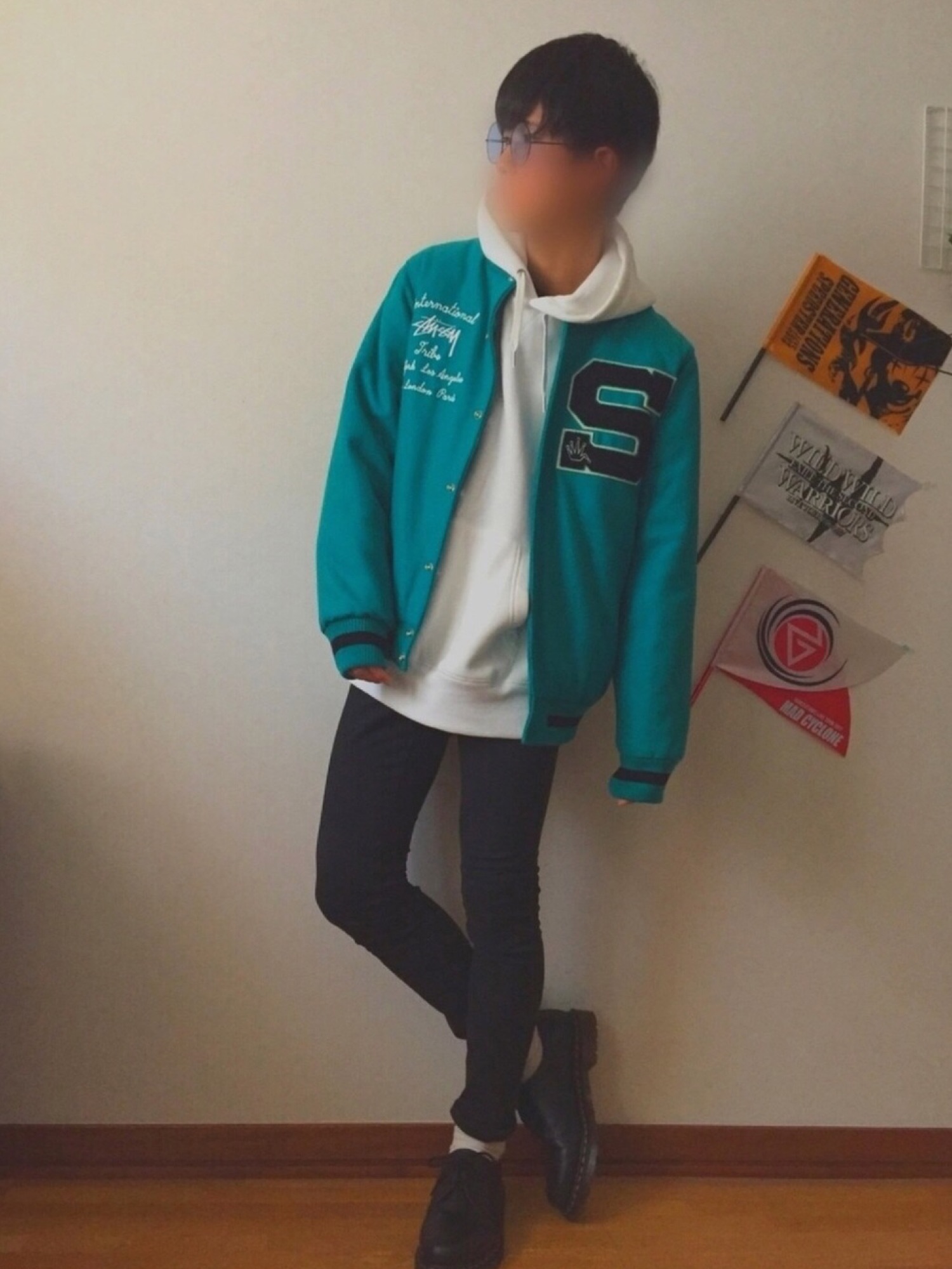 STUSSYのスタジャン（グリーン系）を使った人気ファッション