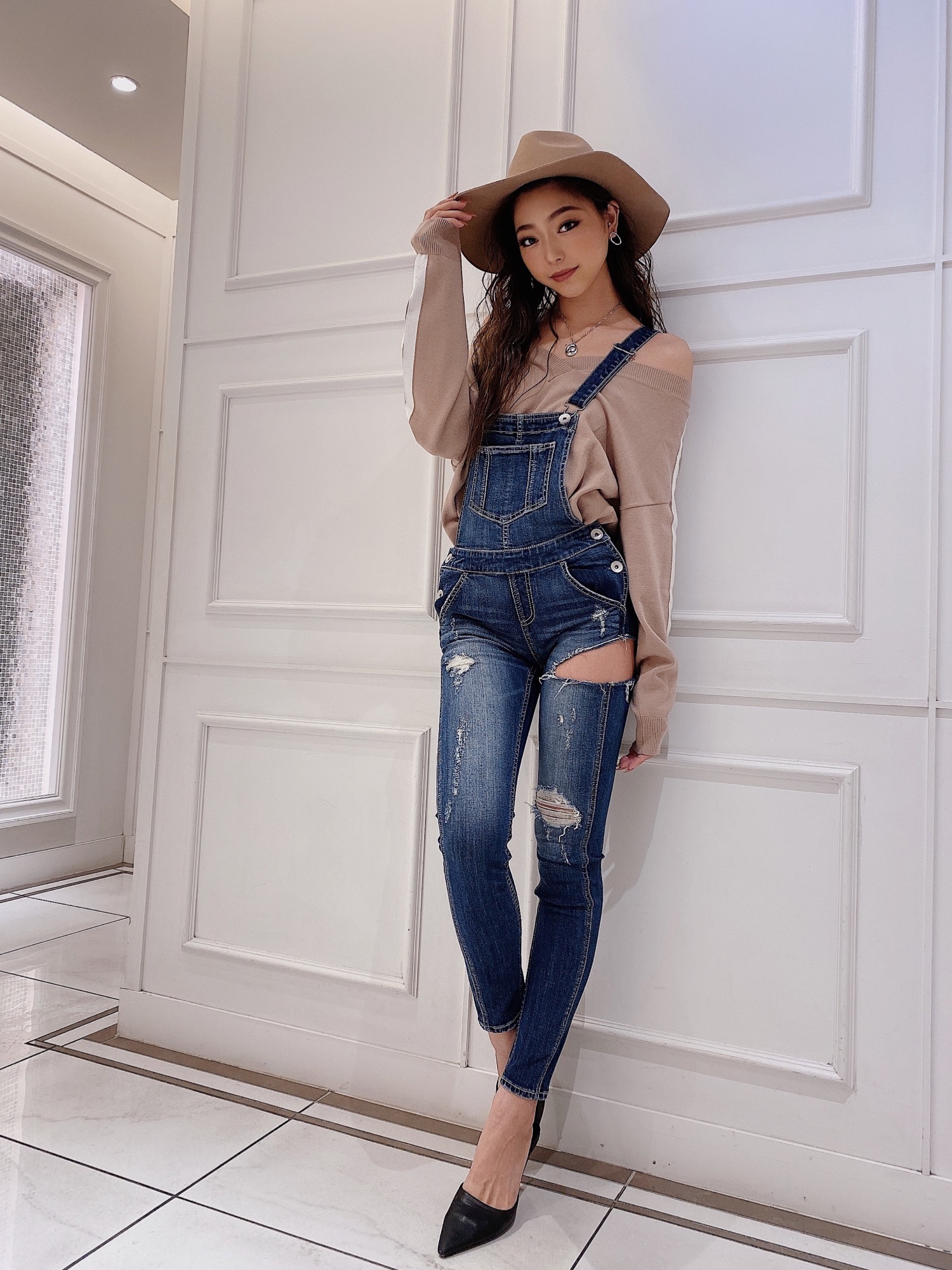 ダメージデニムスキニーサロペット （アイス） 【新品】GYDA▷デニム 