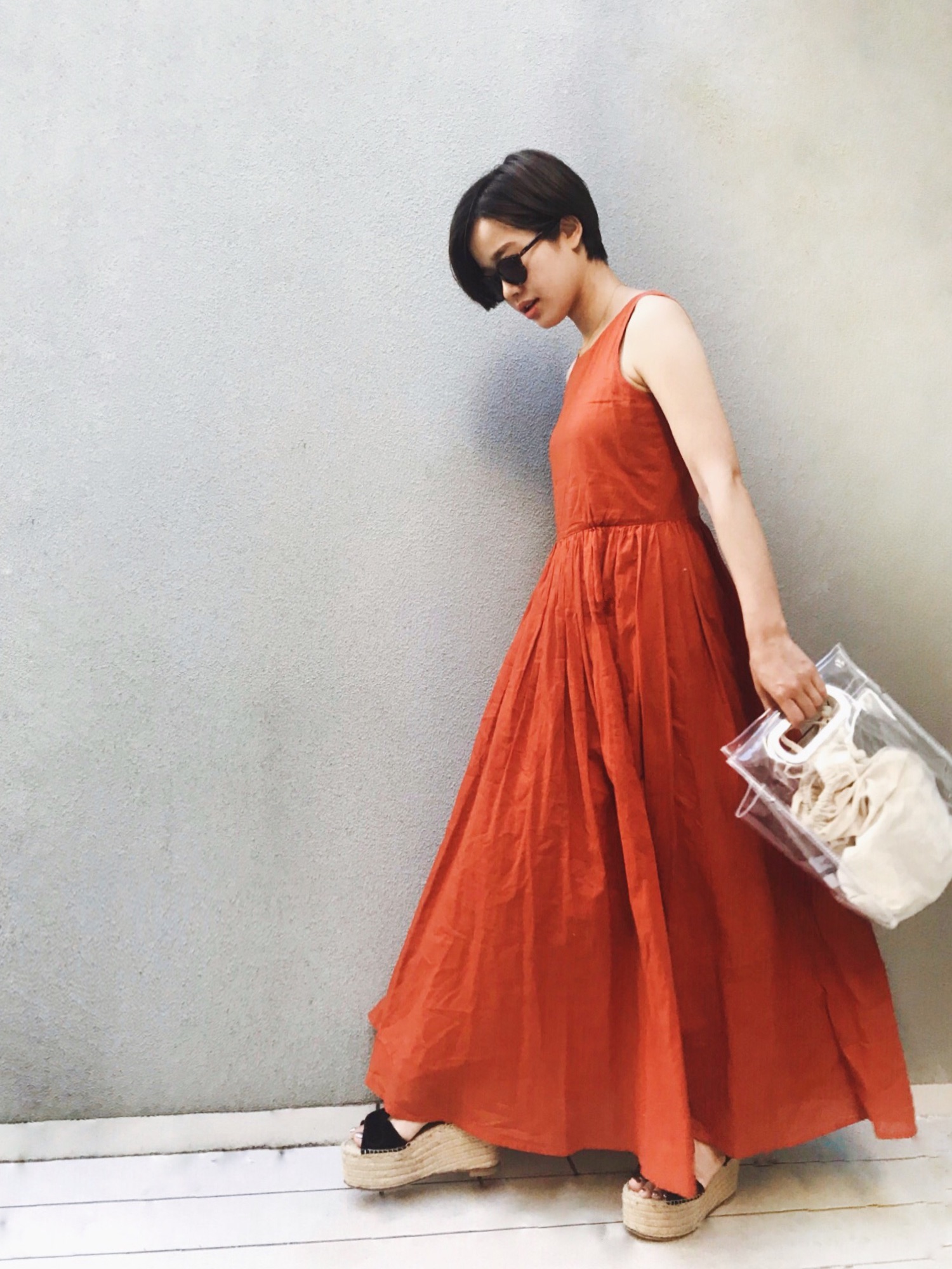 MARIHA 夏のレディのドレス ワンピース ノースリーブ オレンジ マキシ丈-