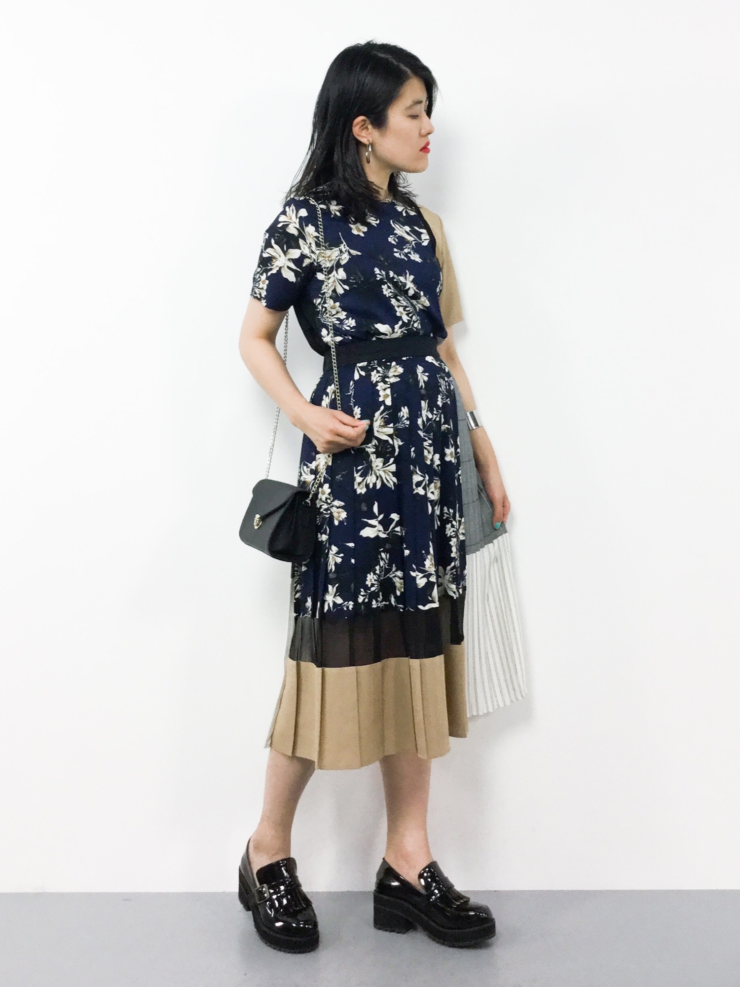 UNITED TOKYO プリーツスカート カラーブロック 花柄 チェック柄