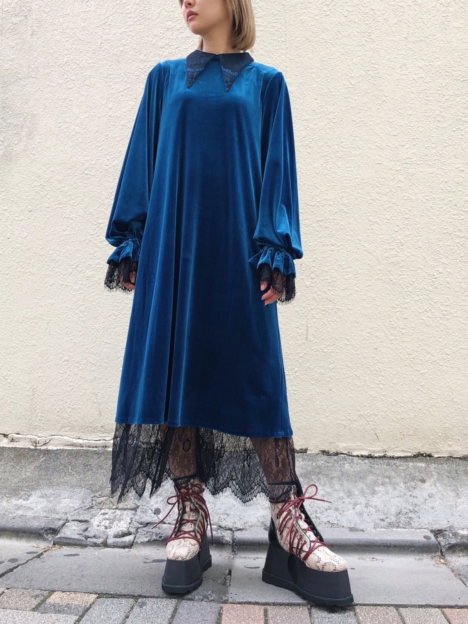 美品 パメオポーズ Odile Dress ベロア ロングワンピース レース 紫 美品 パメオポーズ Odile Dress ベロア ロングワンピース レース 紫