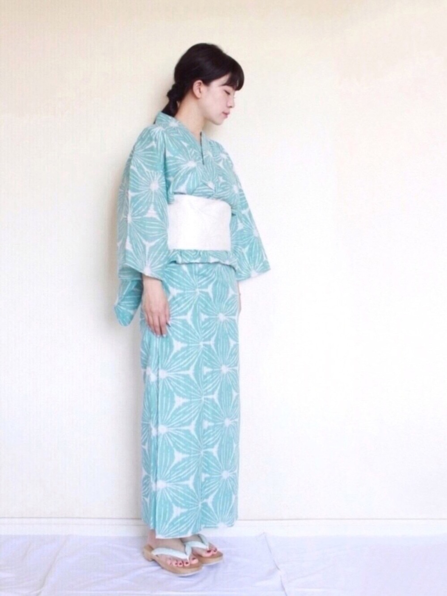浴衣3点セット ミントグリーン レトロ麻の葉柄 （浴衣＋帯＋下駄
