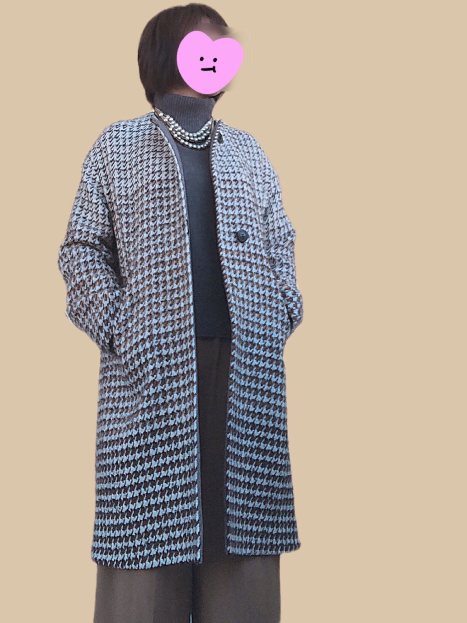 LINTON】グラデーションノーカラーコート千鳥格子