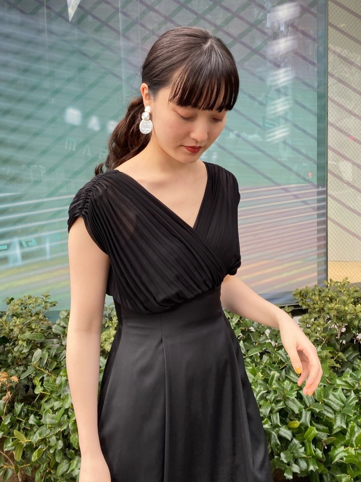 ラグナムーン カシュクールプリーツ ドレス　オフショル 黒 LADYプリーツカシュクールドレス｜ラグナムーン（LAGUNAMOON