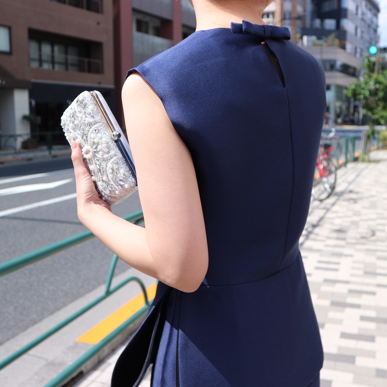 美品✨PRADA ペプラム切替 バックリボン フレアワンピース ハイウエスト 紺 20170612114043131.jpg