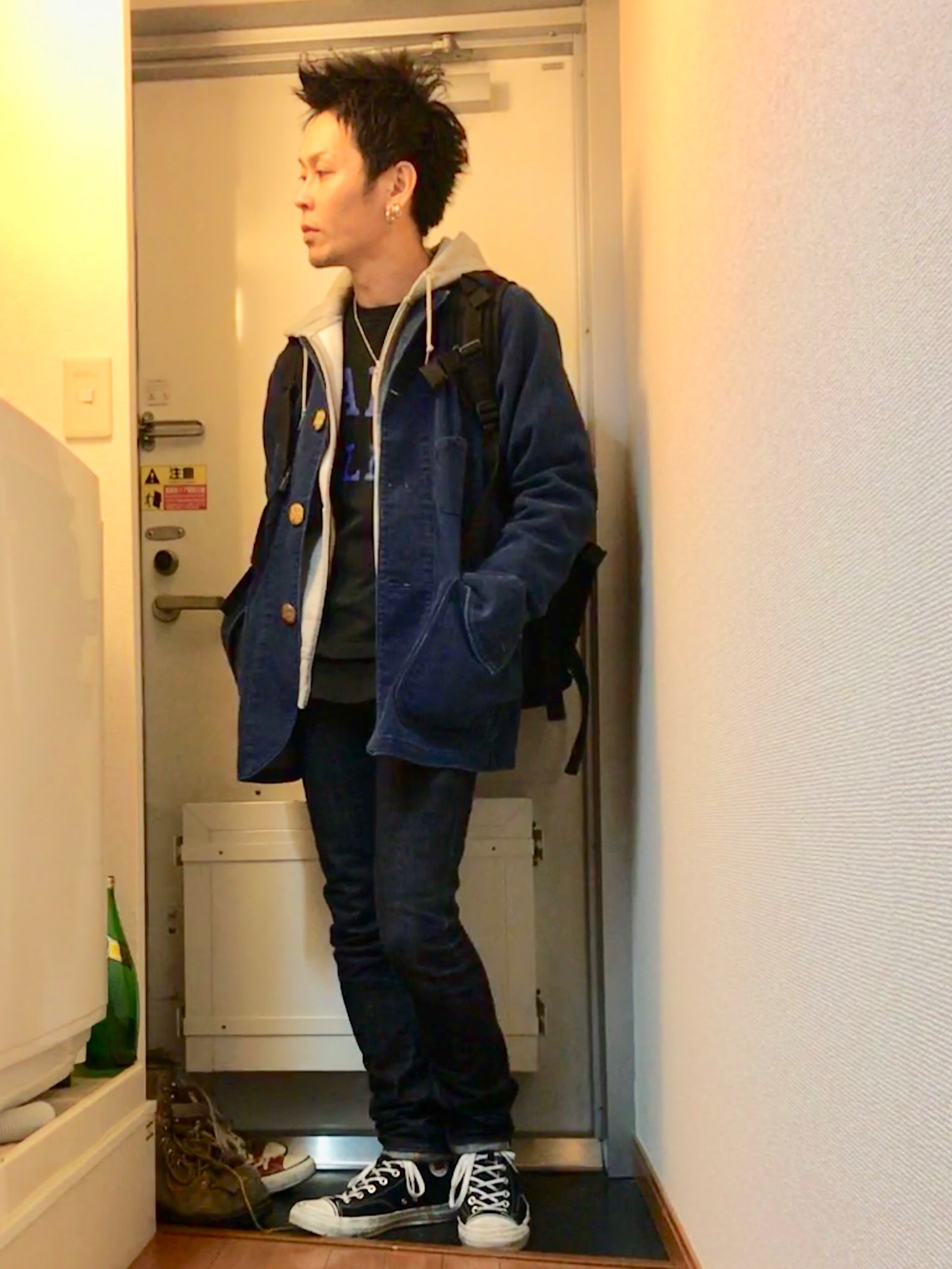 おしゃれAOZORA カバーオール刺し子ストライプ柄 フード付きジャケット おしゃれAOZORA カバーオール刺し子ストライプ柄 フード付き