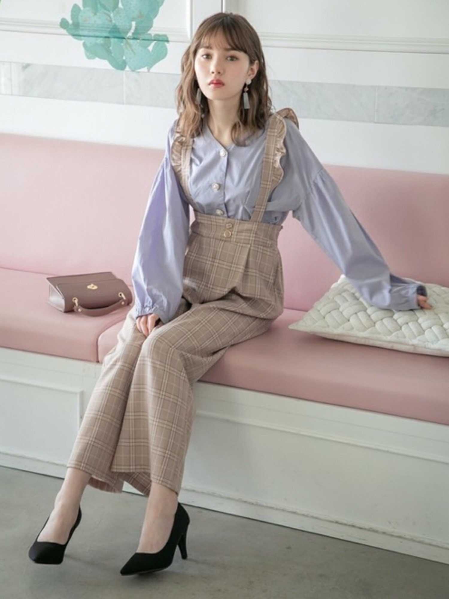 GRL チェックフリルサスワイドパンツ M GRL（グレイル）の「チェックフリルサスワイドパンツ（その他パンツ