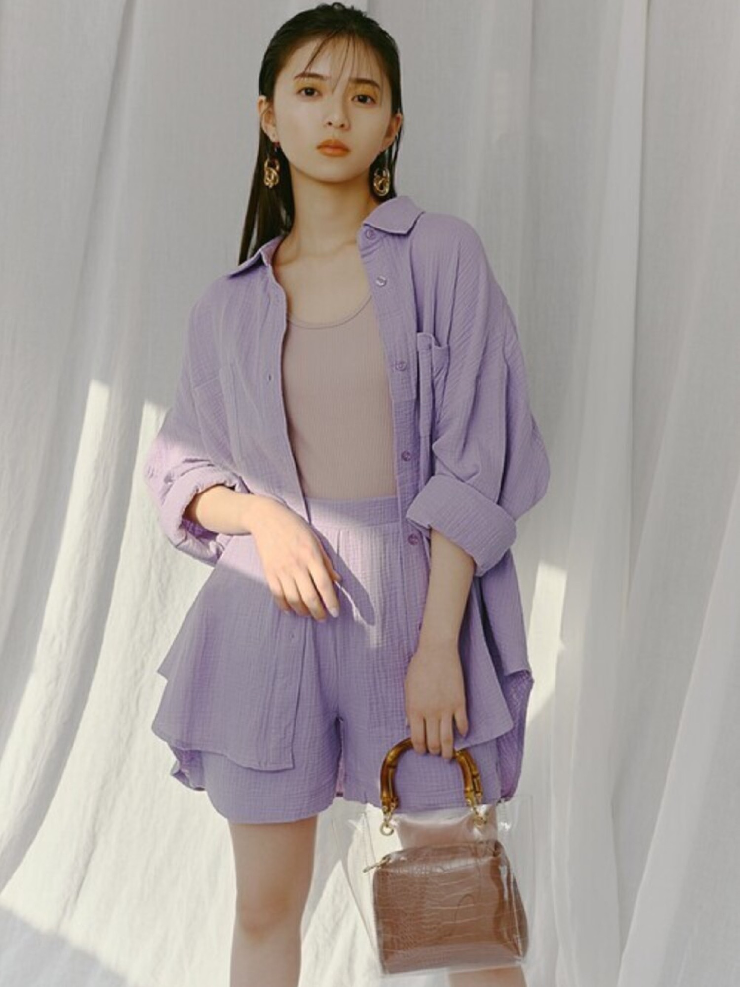 3color セットアップ ルーズ シャツ ショートパンツ GRL（グレイル）の「ガーゼワッシャールーズシャツXショート