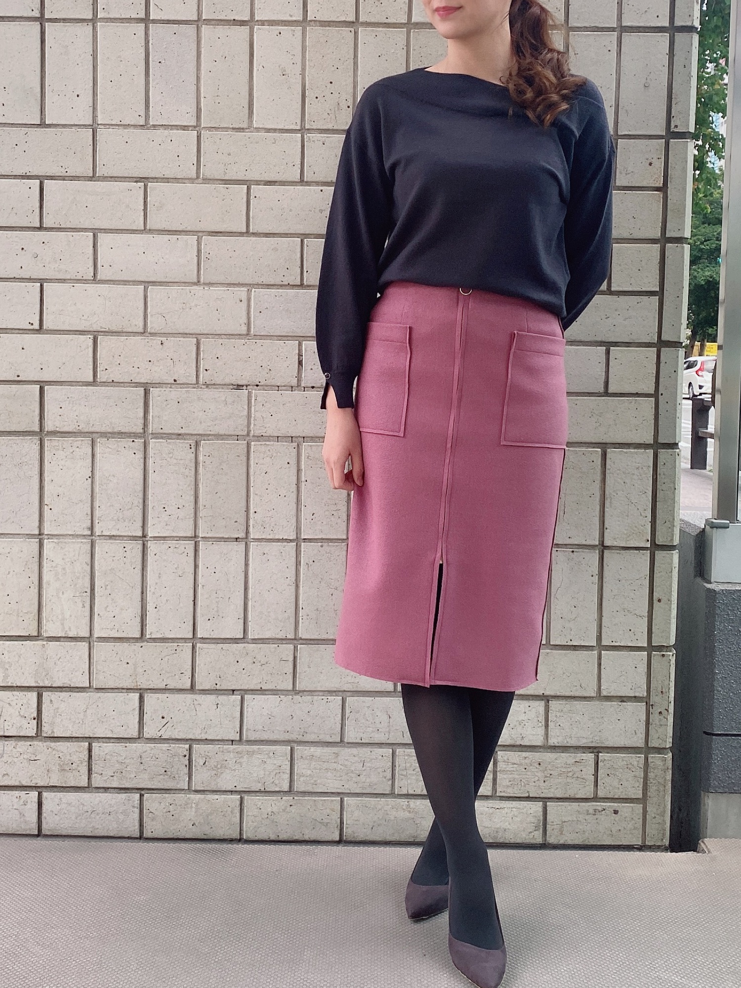 日本製トゥエルブアジェンダ水色ウール混ポケット付タイトスカートS秋