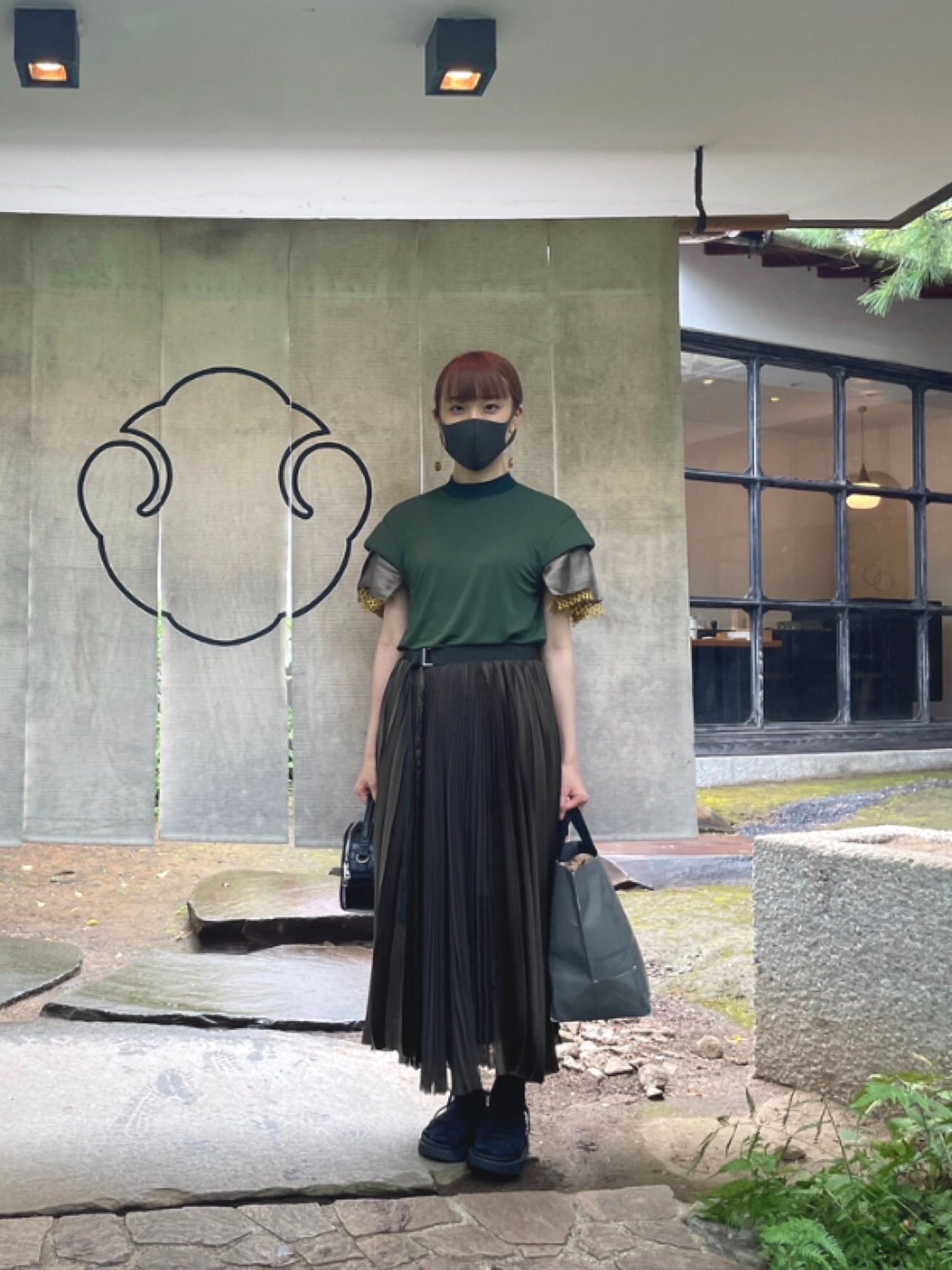 日本製・綿100% sacai (サカイ) ネイビー×グリーンプリーツスカート