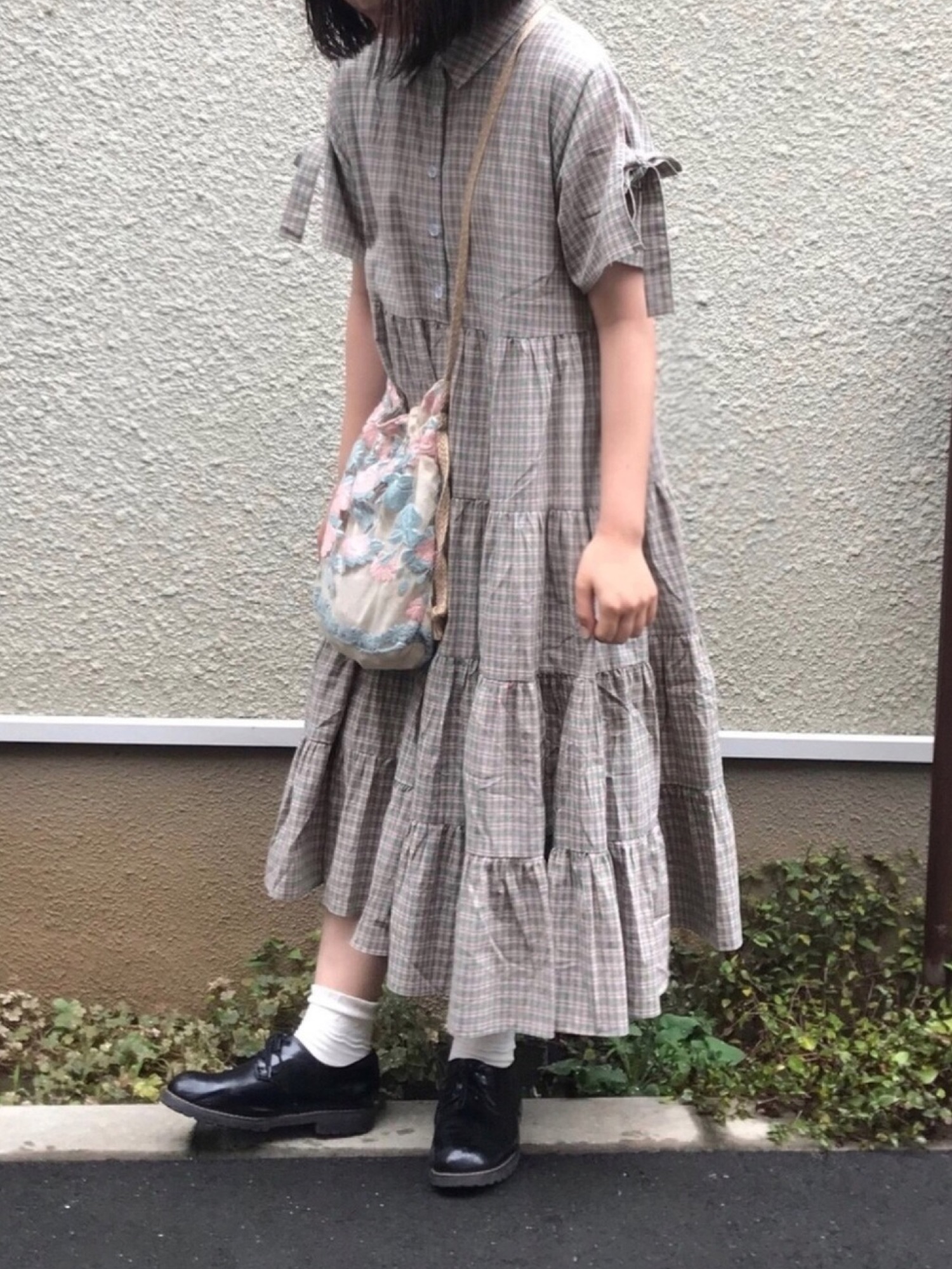 merry jenny 新品 袖にりぼんのチェックティアードワンピース merry jenny 袖にりぼんのチェックティアードワンピース（ピンク