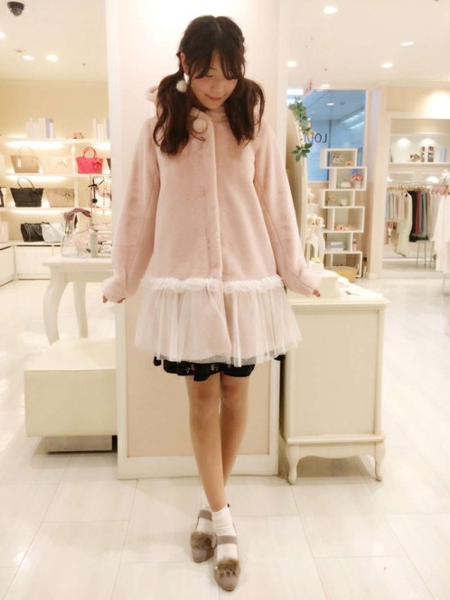 ミルフィーユクローゼット ラビットファー コート バックリボン