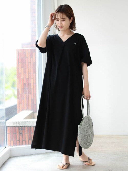 美品　LACOSTE × BEAMS／別注 ギャザースリーブワンピース　黒 B:MING by BEAMS（ビーミングバイビームス）の「LACOSTE × B:MING by