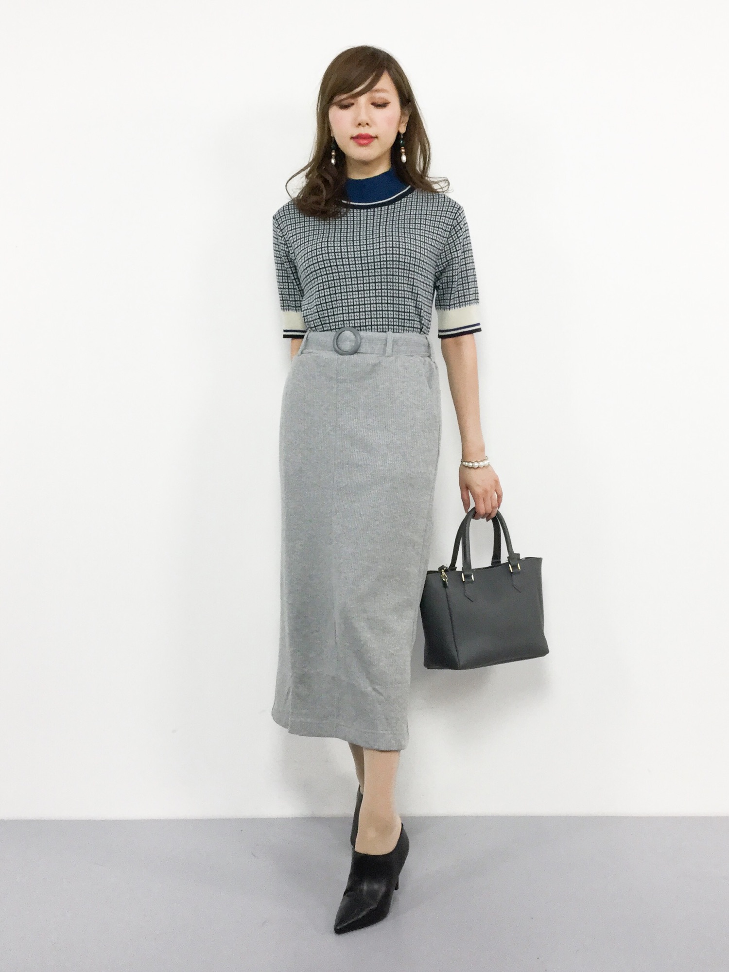 カットソー(半袖/袖なし) OLDEN PLAID KNIT 楊柳カットソージャガードゆるシルエット5分袖ドルマンプルオーバー