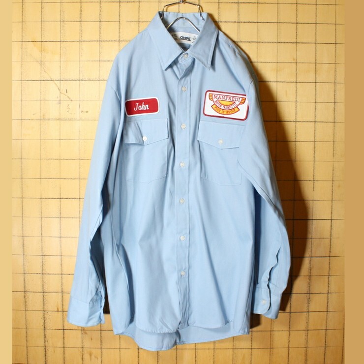 80s USA製チェーンステッチワッペンワークシャツ ベージュL 半袖 ss53 