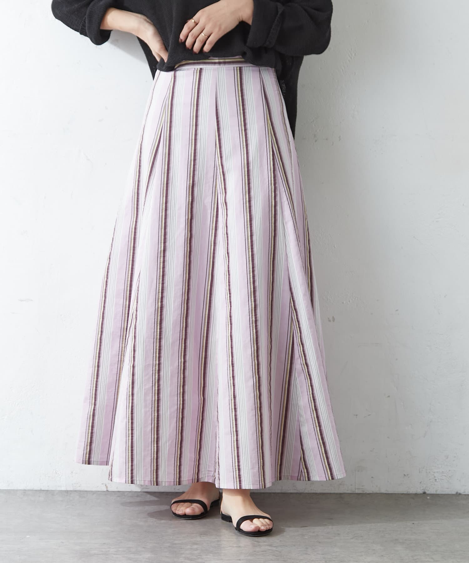 SHENERY（シーナリー）の「切替ストライプフレアマキシスカート  